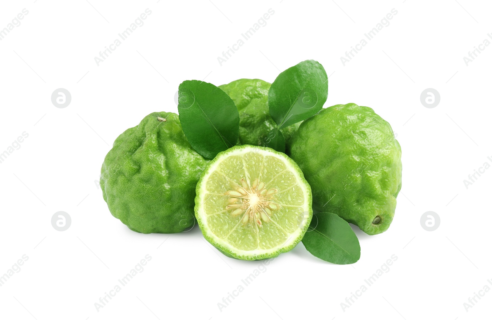 Photo of Fresh ripe bergamot fruits and green leaves on white background