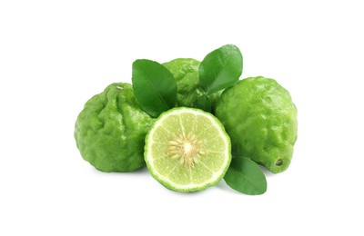 Fresh ripe bergamot fruits and green leaves on white background