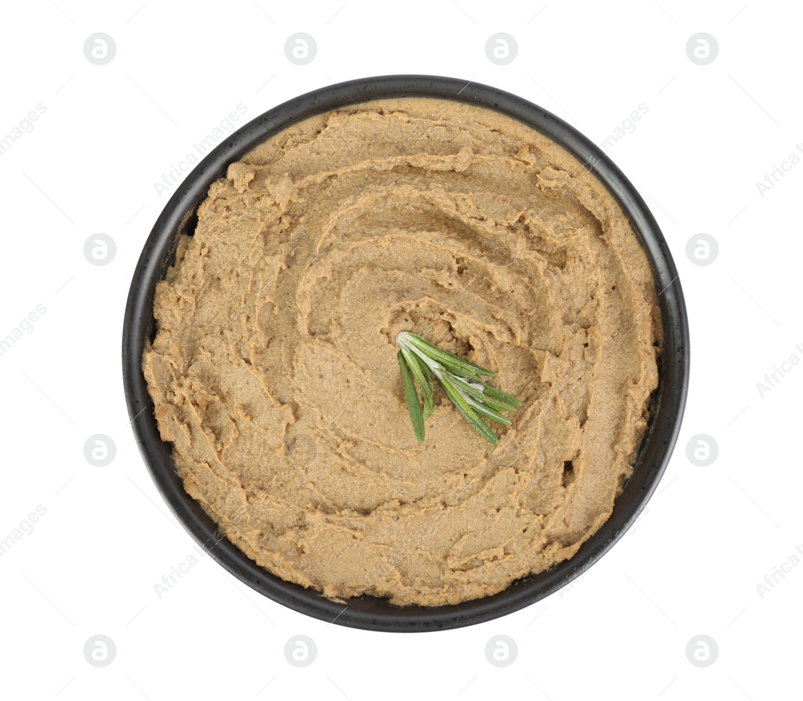 Photo of Tasty liver pate with rosemary isolated on white, top view