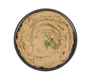 Photo of Tasty liver pate with rosemary isolated on white, top view