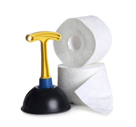 Plunger with plastic handle and rolls of toilet paper on white background