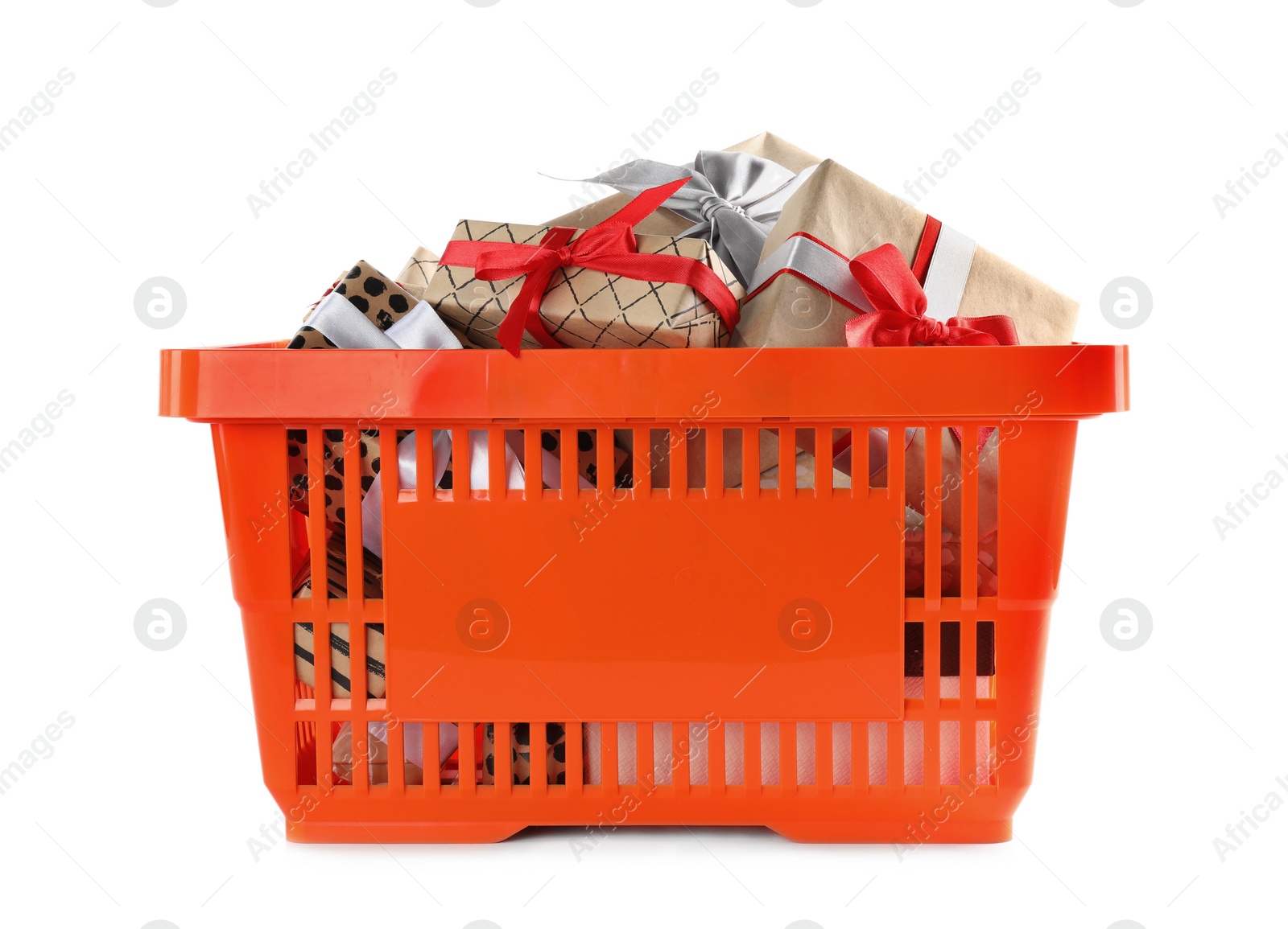 Photo of Orange shopping basket with different gifts on white background