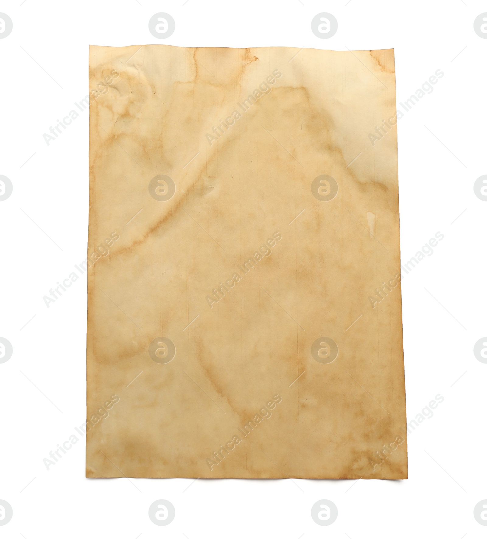 Photo of Sheet of old parchment paper isolated on white, top view. Space for design