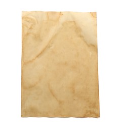 Photo of Sheet of old parchment paper isolated on white, top view. Space for design