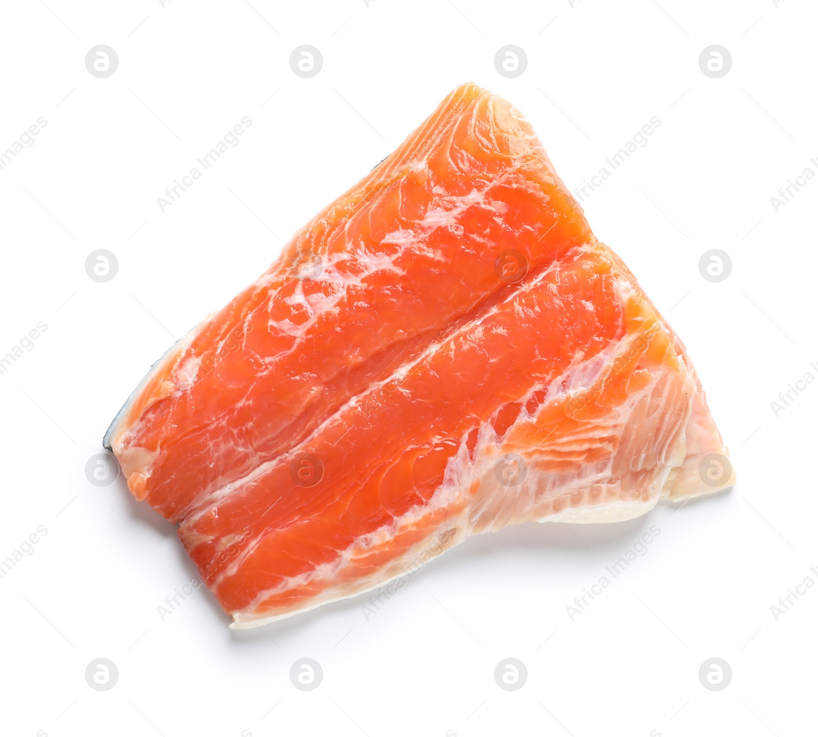 Photo of Raw salmon fillet on white background, top view. Natural food high in protein