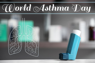 Image of World asthma day. Inhaler on table against blurred background
