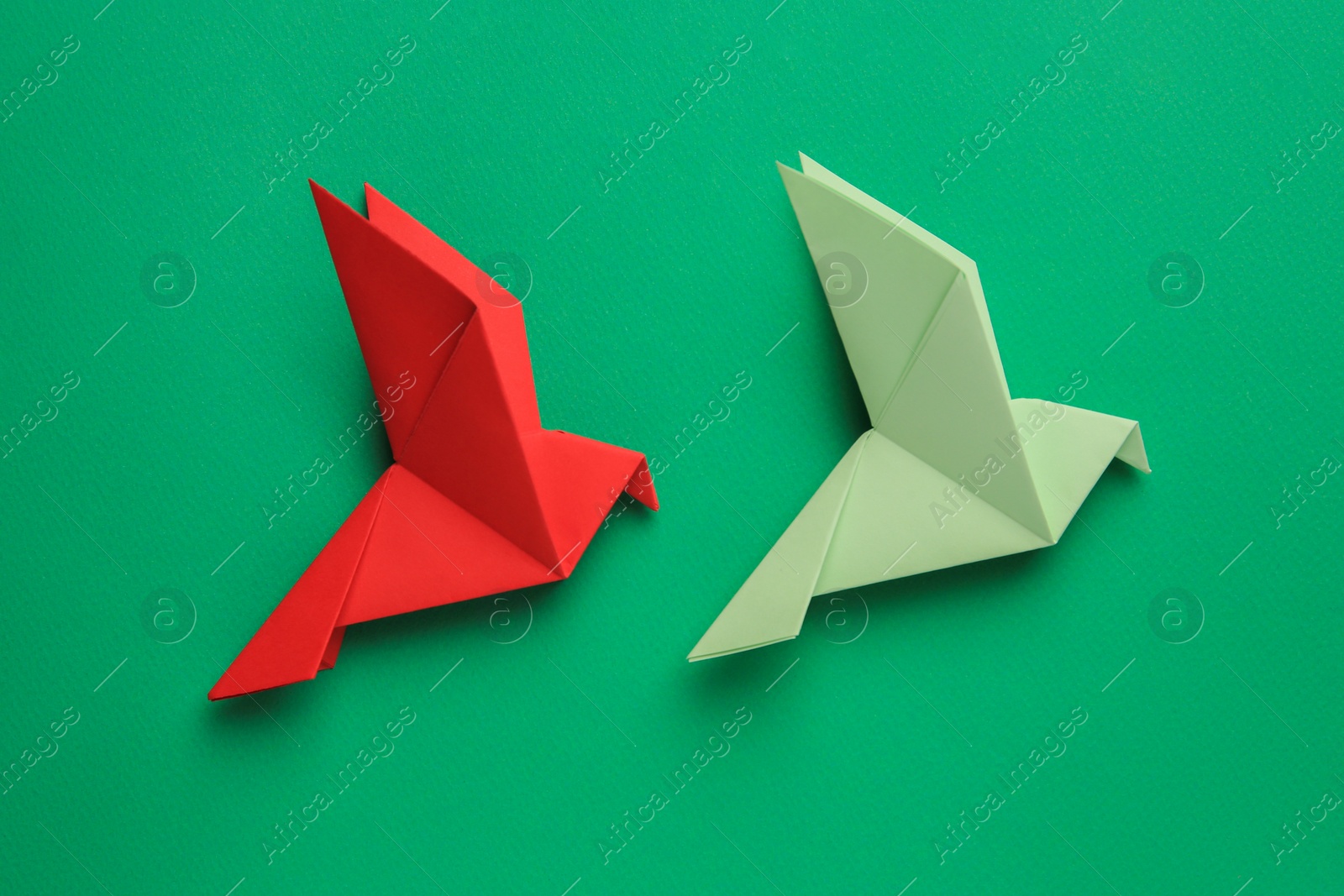 Photo of Beautiful colorful origami birds on green background, flat lay