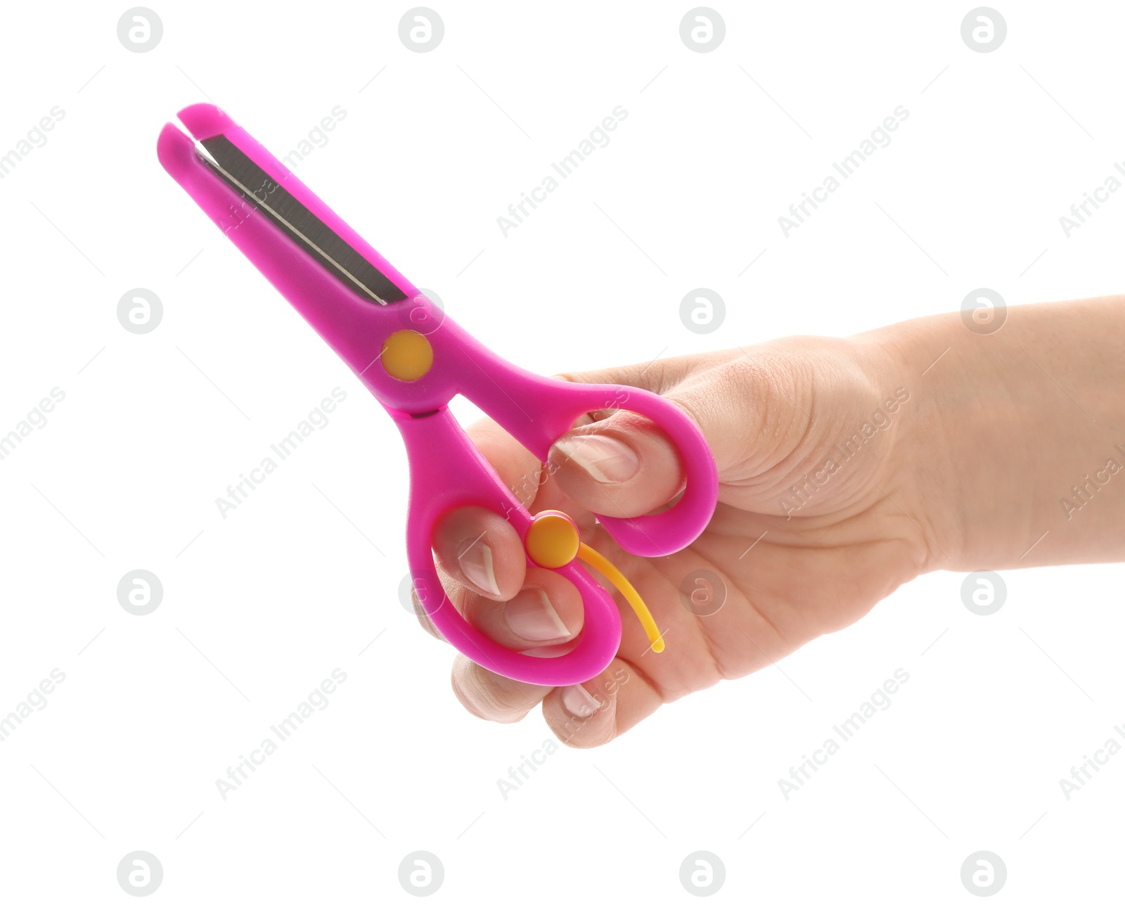 Photo of Woman holding training scissors on white background, closeup
