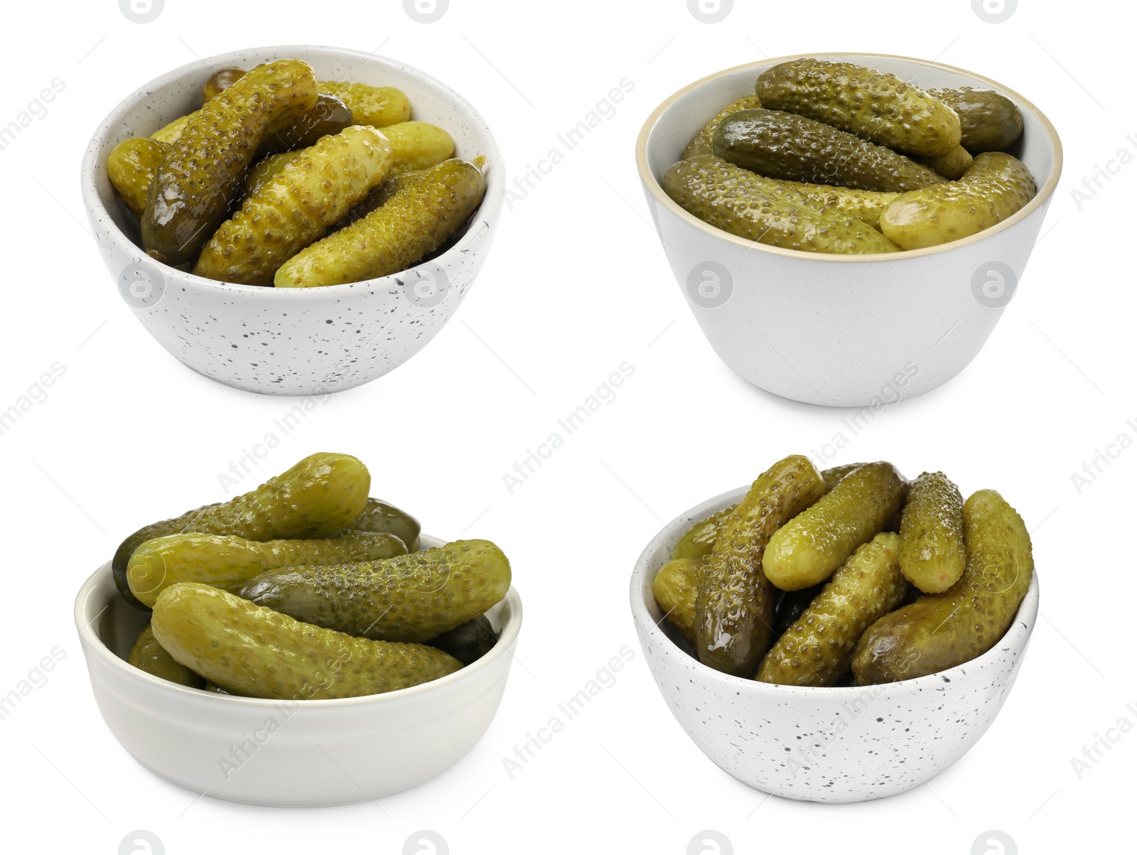 Image of Tasty pickled cucumbers in bowls isolated on white, set