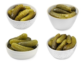 Image of Tasty pickled cucumbers in bowls isolated on white, set