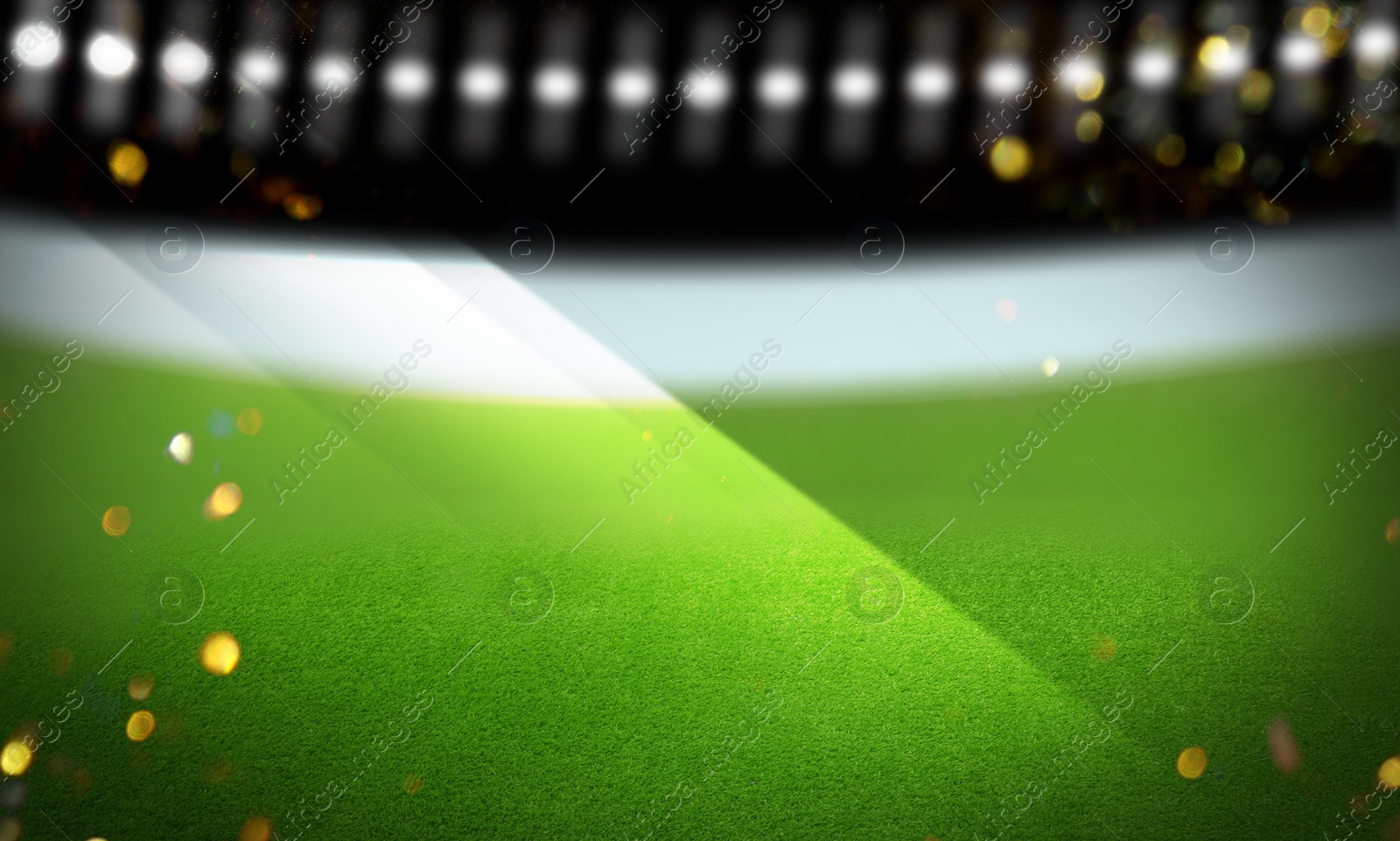 Image of Green sports field under stadium lights, bokeh effect. Banner design