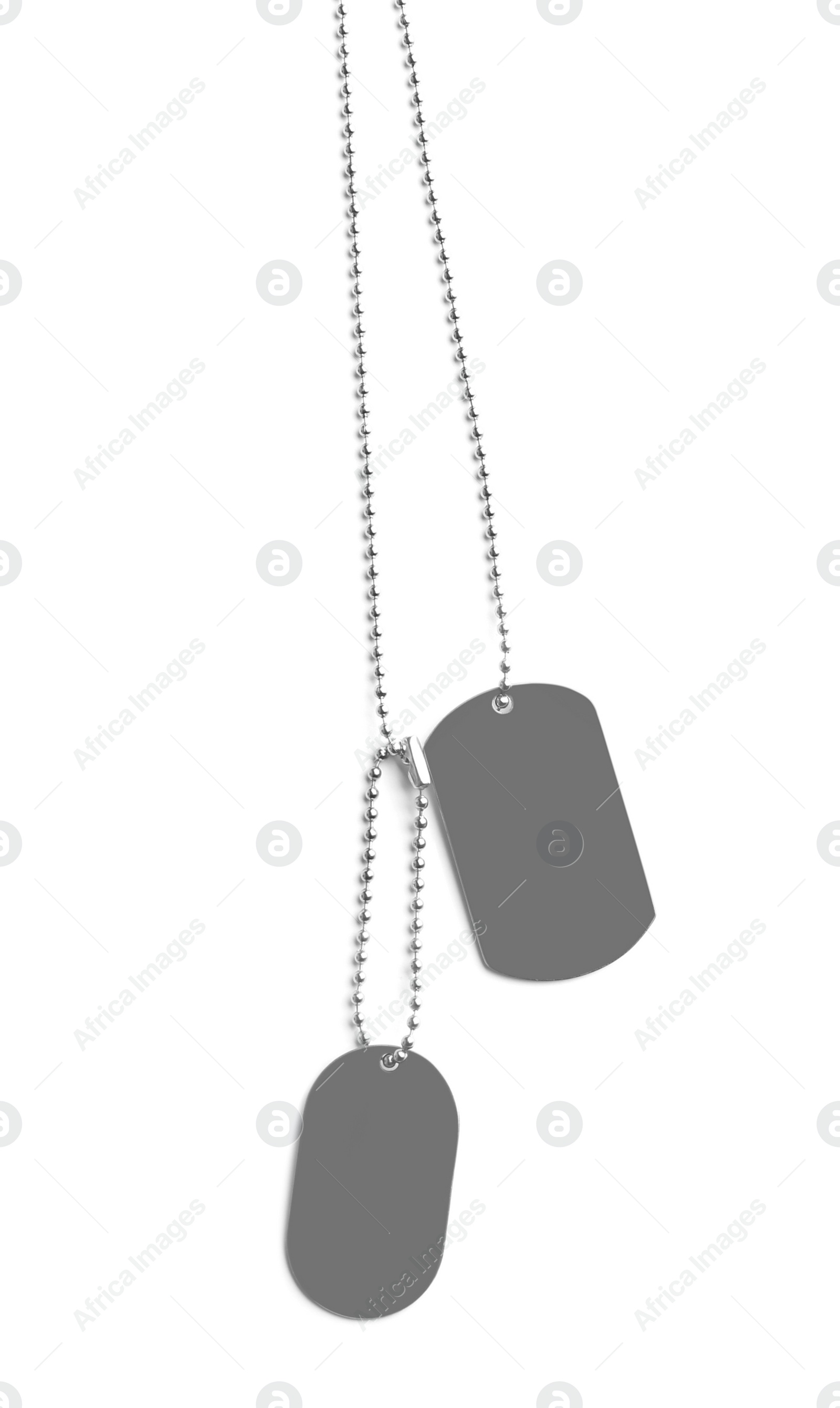 Photo of Metal military ID tags isolated on white