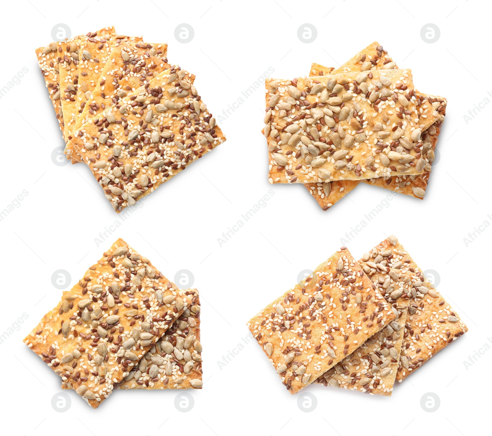 Image of Set of tasty crispy crackers with different seeds on white background, top view