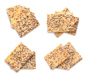 Image of Set of tasty crispy crackers with different seeds on white background, top view