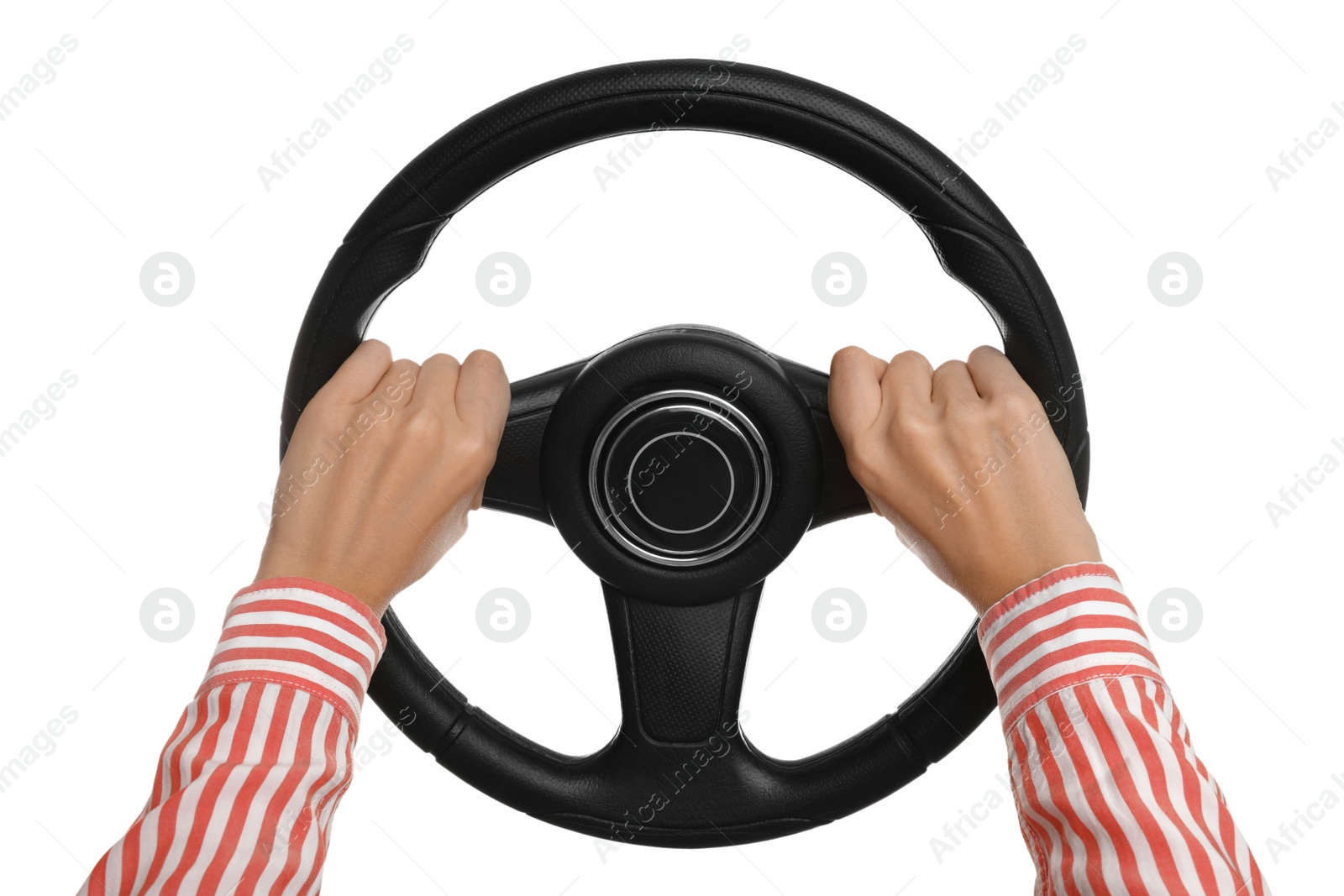 Photo of Woman with steering wheel on white background, closeup