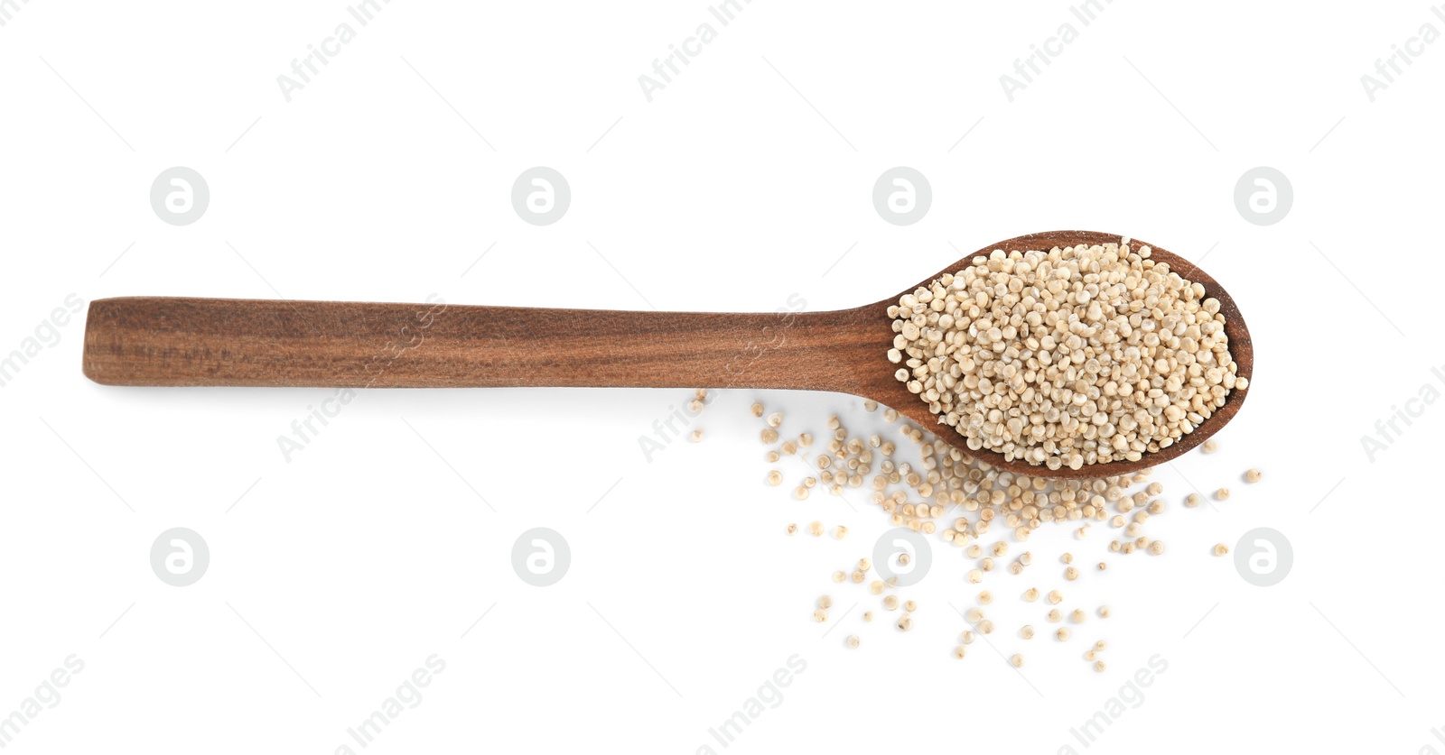 Photo of Wooden spoon with quinoa on white background, top view