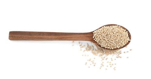 Wooden spoon with quinoa on white background, top view