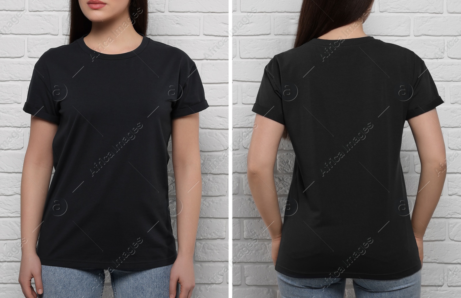 Image of Woman wearing black t-shirt near white brick wall, back and front view. Mockup for design