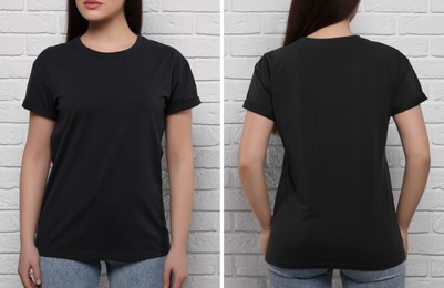 Image of Woman wearing black t-shirt near white brick wall, back and front view. Mockup for design