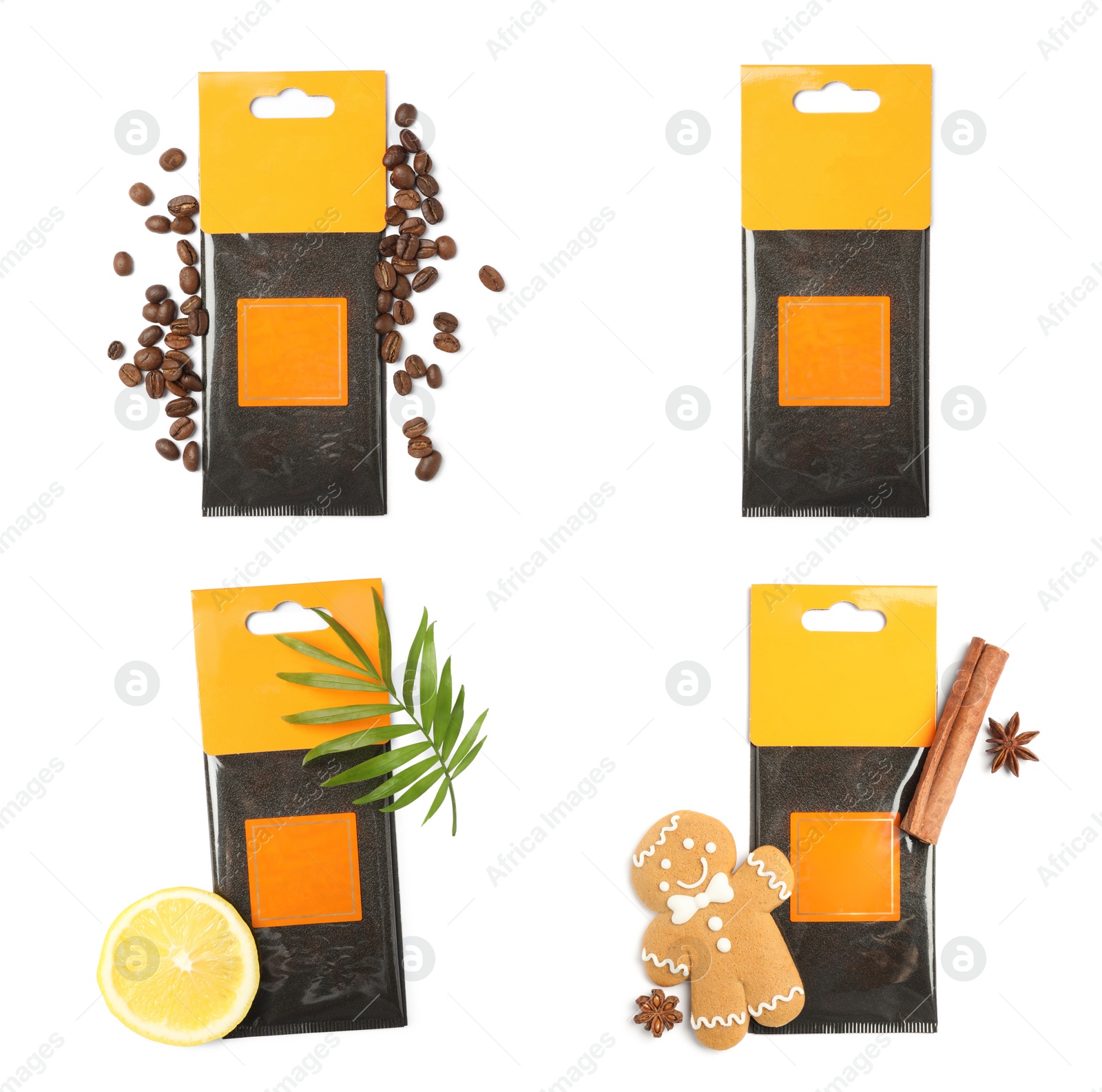 Image of Set of scented sachets with different aromas on white background, top view