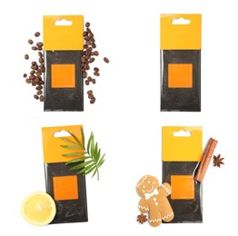 Set of scented sachets with different aromas on white background, top view