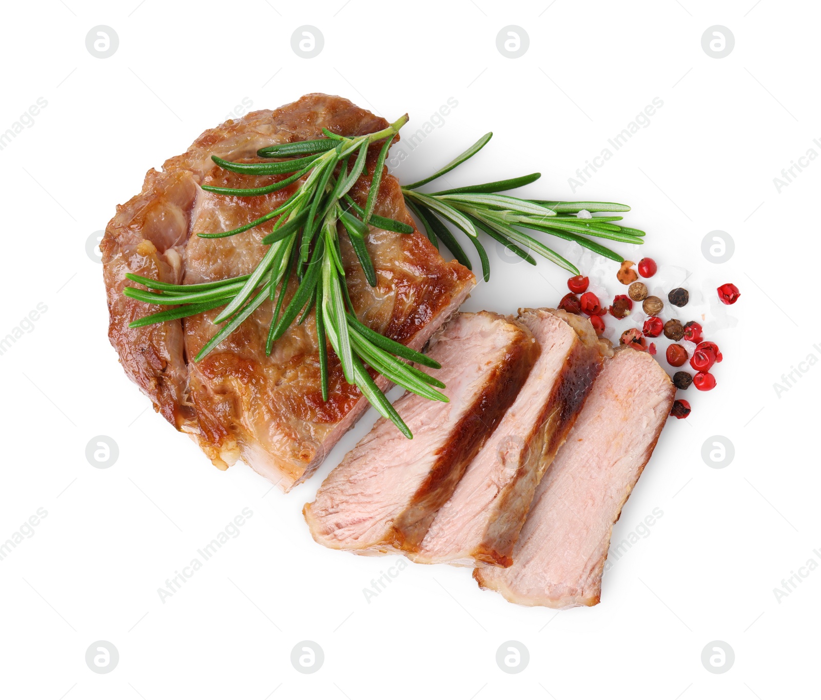 Photo of Delicious fried meat with rosemary and spices on white background, top view