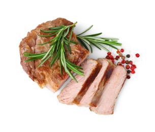 Photo of Delicious fried meat with rosemary and spices on white background, top view