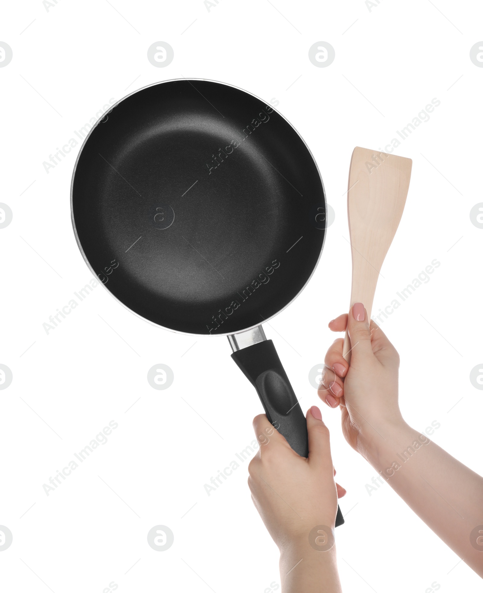 Photo of Woman with spatula and frying pan on white background, closeup