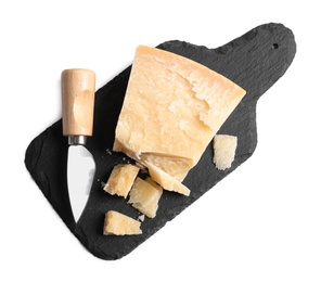 Photo of Parmesan cheese with knife and slate plate on white background, top view
