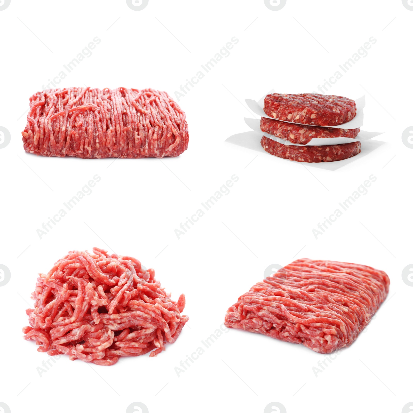 Image of Set with raw minced meat on white background 