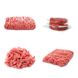 Set with raw minced meat on white background 