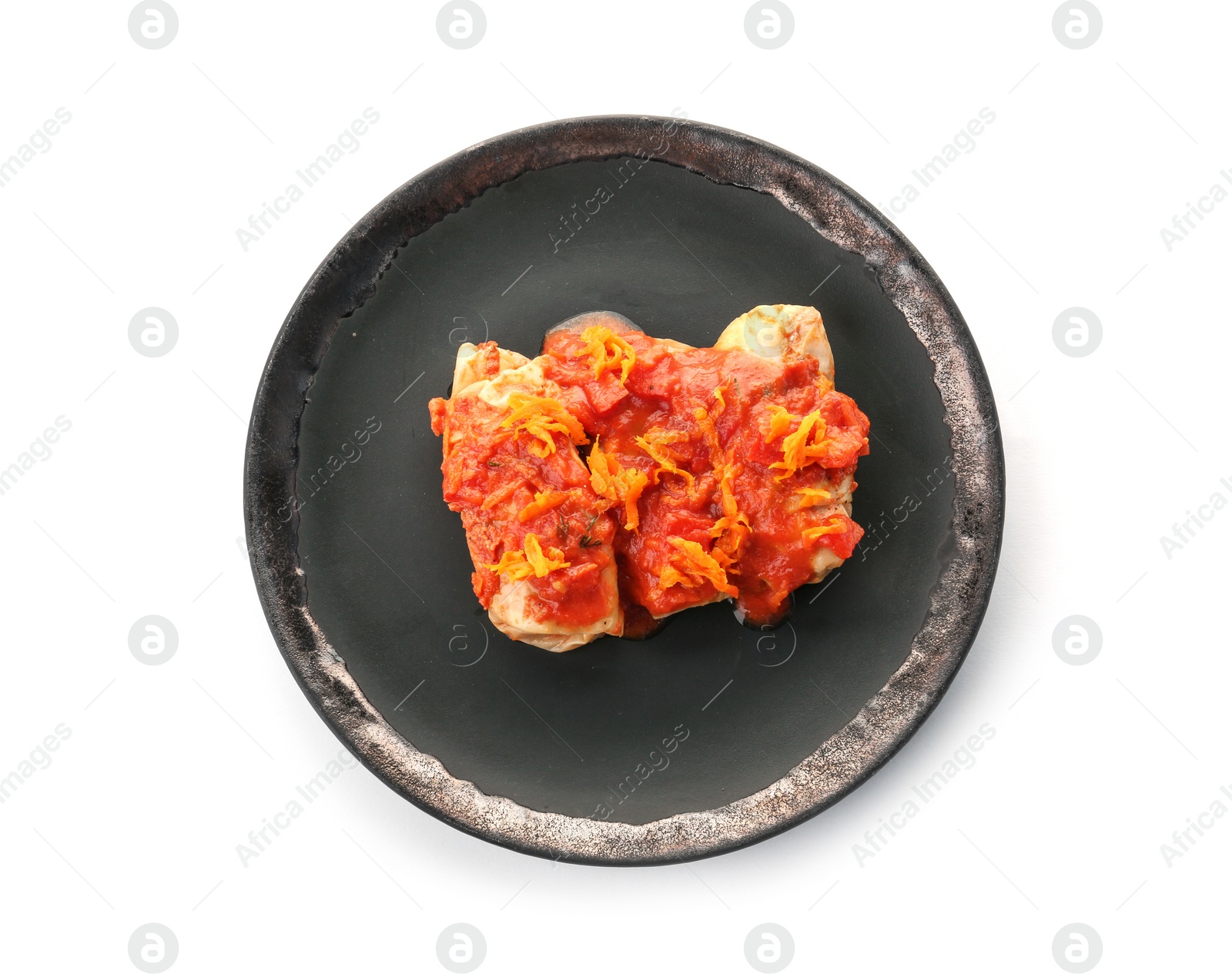 Photo of Stuffed cabbage leaves with minced meat and rice in tomato sauce on white background