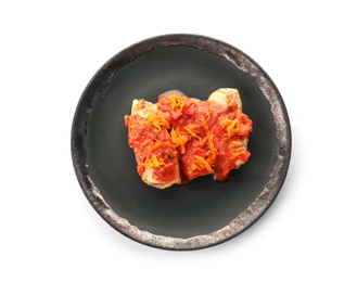 Stuffed cabbage leaves with minced meat and rice in tomato sauce on white background