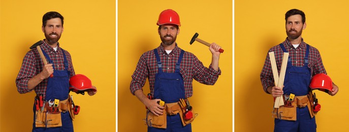 Image of Photos of builder with construction tools on orange background, collage design
