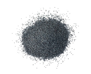 Photo of Heap of poppy seeds on white background, top view