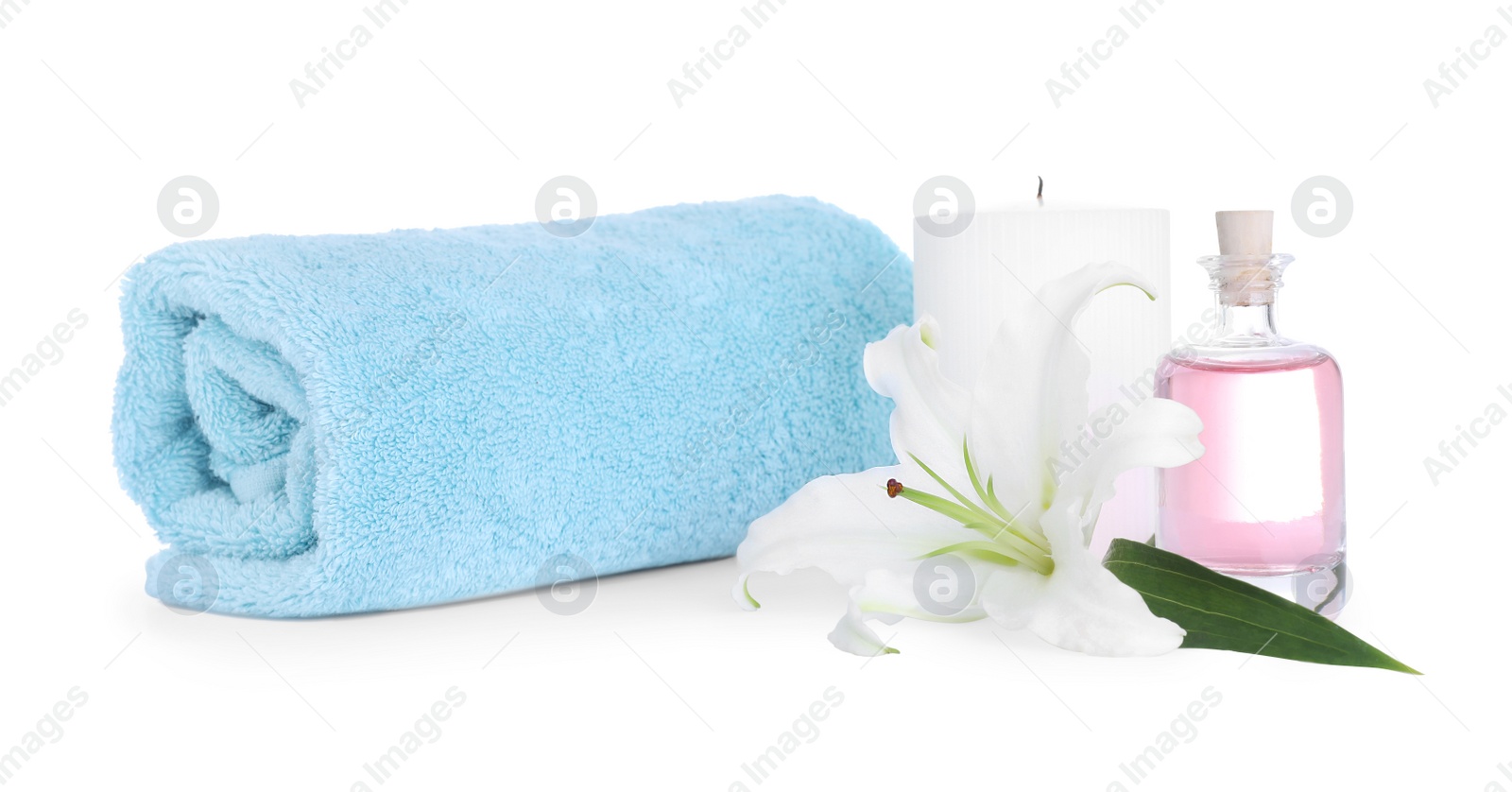 Photo of Composition with towel and fresh flower isolated on white. Spa treatment