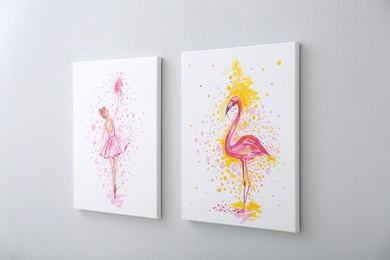 Photo of Beautiful pictures of flamingo and ballerina on grey wall. Decoration for interior design