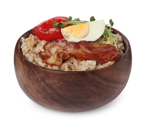 Photo of Delicious boiled oatmeal with egg, bacon and tomato in bowl isolated on white