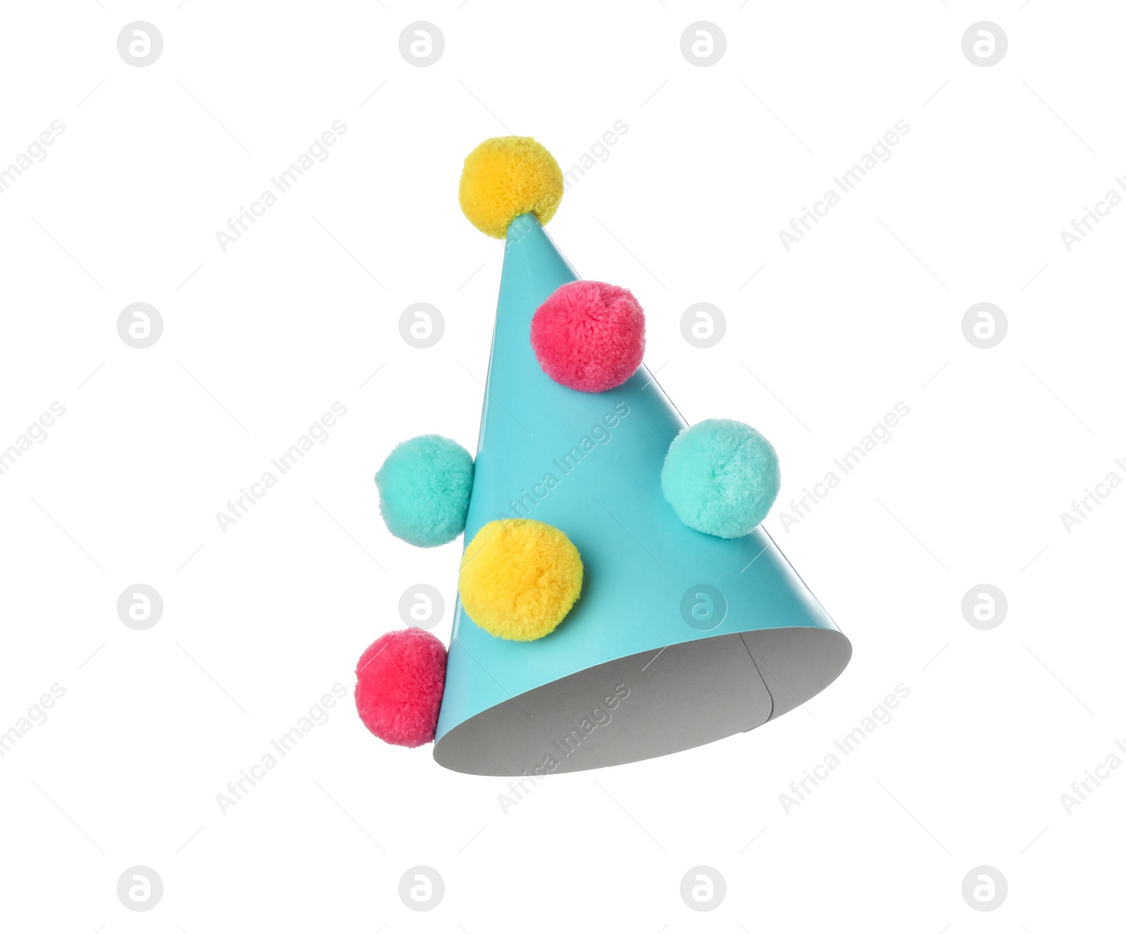 Photo of One blue party hat with pompoms isolated on white