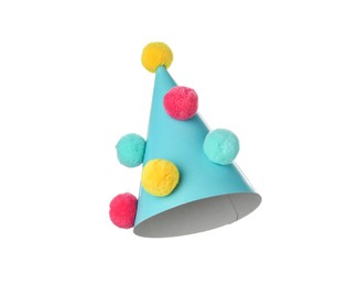 Photo of One blue party hat with pompoms isolated on white