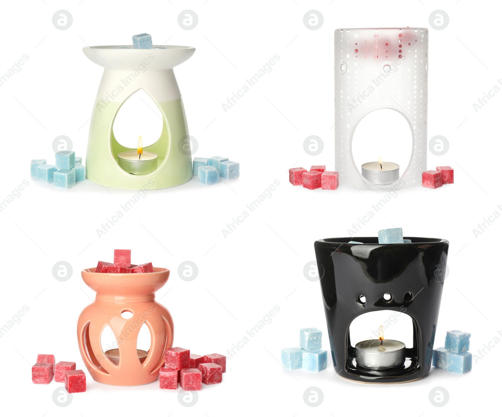 Image of Different stylish aroma lamps with essential wax cubes on white background, collage