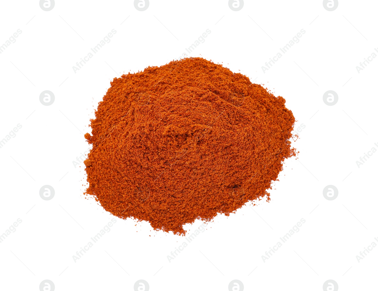 Photo of Heap of aromatic paprika powder isolated on white, top view