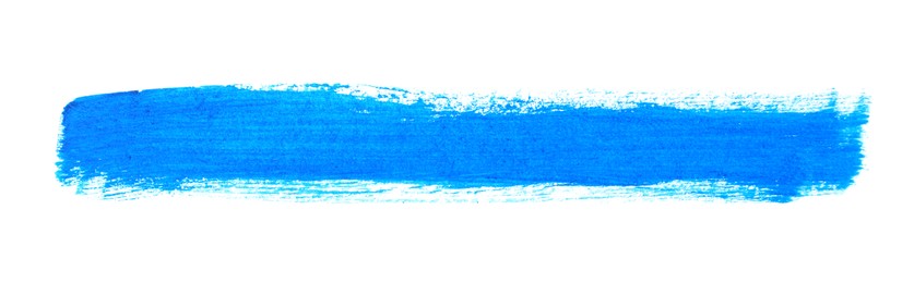 Photo of Blue paint stroke drawn with brush on white background, top view