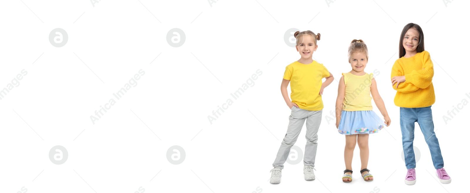 Image of Cute little girls on white background, space for text. Banner design