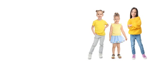 Cute little girls on white background, space for text. Banner design