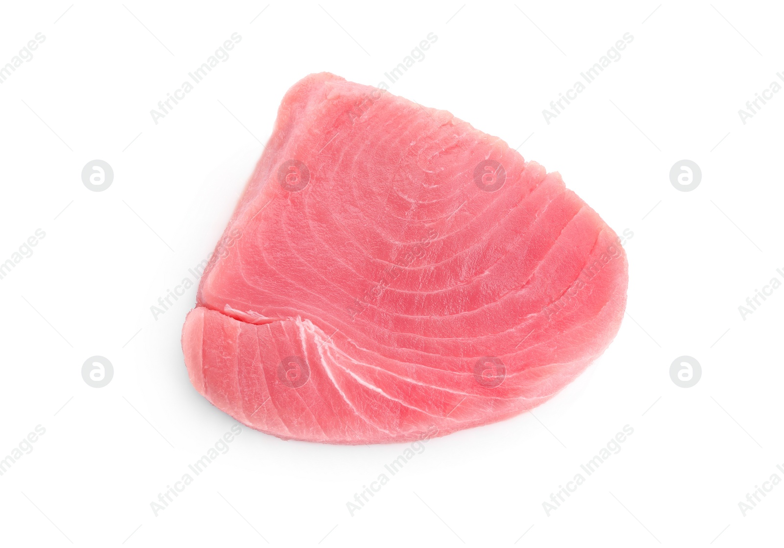 Photo of Fresh raw tuna fillet isolated on white, top view