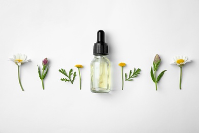Photo of Bottle of essential oil and wildflowers on white background, top view