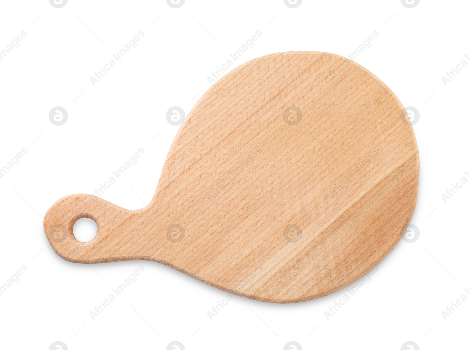 Photo of New wooden cutting board isolated on white, top view