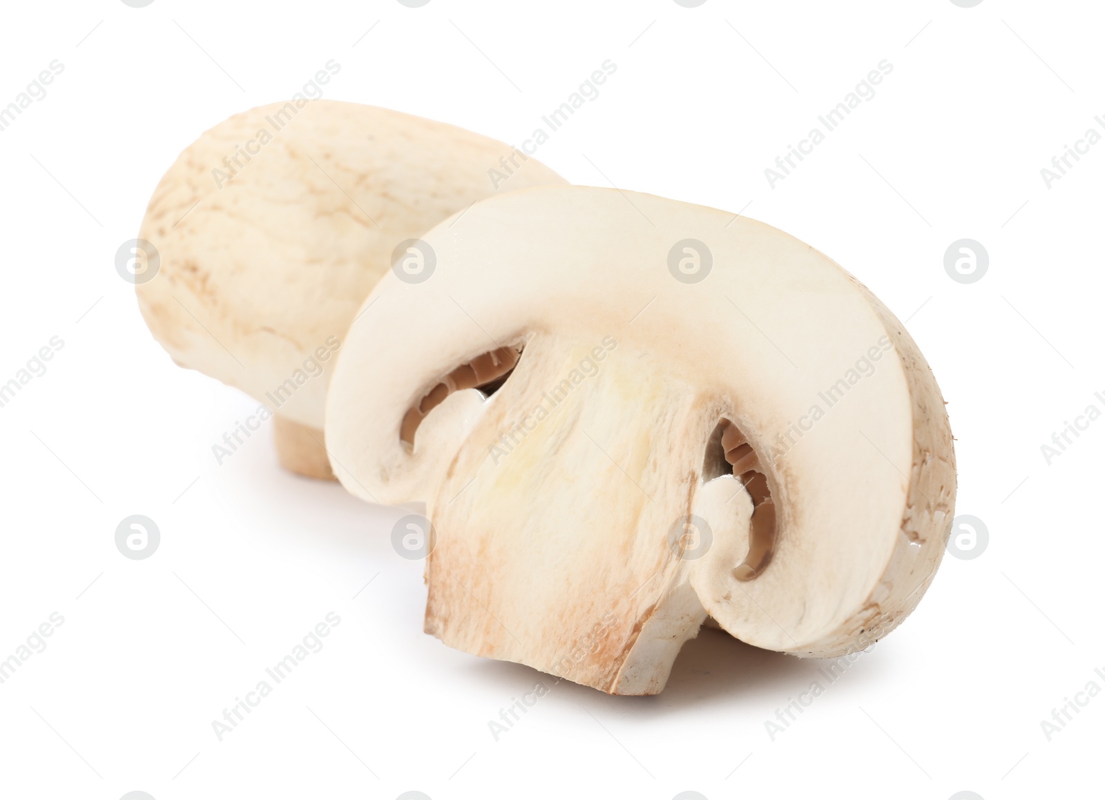 Photo of Fresh raw champignon mushrooms on white background