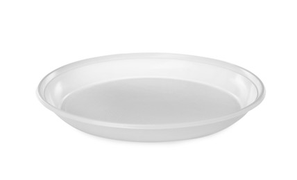 Photo of Empty disposable plastic plate isolated on white